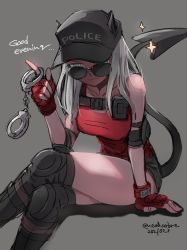 1girl arm_support aviator_sunglasses black_hat breasts clothes_writing collarbone commentary crossed_legs cuffs dated demon_girl demon_tail fingerless_gloves gloves grey_background handcuffs hat helltaker highres justice_(helltaker) large_breasts long_hair looking_at_viewer looking_over_eyewear looking_over_glasses noah_(tettsui-sole) red_gloves simple_background sketch smile solo sunglasses symbol-only_commentary tail thighs tinted_eyewear twintails white_hair rating:Sensitive score:105 user:danbooru