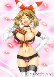 10s 1girl ;d bare_shoulders blue_eyes bow bow_bra bow_panties box bra breasts brown_bow brown_hair cleavage collarbone covered_erect_nipples cowboy_shot creatures_(company) earrings elbow_gloves game_freak gift gift_box gloves gluteal_fold hair_ribbon hairband hand_on_own_hip holding holding_gift huge_breasts jewelry large_breasts lingerie looking_at_viewer marker_(medium) may_(pokemon) may_(pokemon_oras) midriff navel nintendo one_eye_closed open_mouth panties petals pink_background pink_bow pink_bra pink_panties pokemon pokemon_oras red_ribbon ribbon round_teeth short_hair short_twintails simple_background smile solo standing stomach stud_earrings takecha teeth thigh_gap thigh_strap thighhighs traditional_media twintails underwear valentine white_gloves white_thighhighs rating:Sensitive score:113 user:danbooru