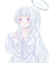  1girl blue_archive blush breasts chi_fm cleavage collarbone dress frilled_sleeves frills grey_hair halo hand_on_own_chest long_hair long_sleeves looking_at_viewer noa_(blue_archive) open_mouth ponytail purple_eyes sidelocks simple_background solo upper_body very_long_hair white_background white_dress 
