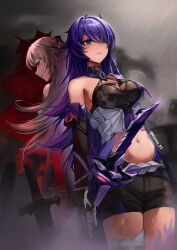  1girl absurdres acheron_(honkai:_star_rail) armor asymmetrical_legwear bandaged_arm bandaged_leg bandages belt black_belt black_choker black_gloves black_shorts breasts chain chain_around_arm choker cleavage coat detached_sleeves elbow_gloves gloves hair_ornament hair_over_one_eye highres honkai:_star_rail honkai_(series) katana kuraa large_breasts leg_tattoo looking_ahead looking_back midriff multicolored_hair multiple_views navel official_alternate_color parted_lips planted planted_sword planted_weapon purple_eyes purple_hair rain red_eyes shorts shoulder_armor single_bare_shoulder single_elbow_glove streaked_hair sword tattoo thighs twitter_username weapon white_coat white_hair 