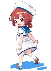  1girl blue_sailor_collar brown_eyes brown_hair dress hair_rings hat kaiboukan_no._4_(kancolle) kantai_collection long_hair low_twintails nassukun open_mouth round_teeth sailor_collar sailor_dress sailor_hat shoes short_sleeves simple_background solo teeth twintails upper_teeth_only uwabaki white_background white_dress white_hat 