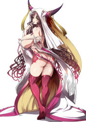 1girl absurdres ass bare_shoulders blush boots breasts brown_eyes brown_hair butt_crack fate_(series) finger_to_mouth high_heel_boots high_heels highres horns huge_breasts long_hair looking_at_viewer looking_back purple_thighhighs q_azieru sessyoin_kiara simple_background smile solo thigh_boots thighhighs very_long_hair white_background rating:Questionable score:33 user:danbooru