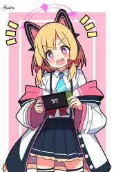  1girl :d absurdres animal_ear_headphones animal_ears artist_name black_skirt blonde_hair blue_archive blue_necktie blush bow cat_ear_headphones commentary_request fake_animal_ears hair_bow halo handheld_game_console headphones hendra highres holding holding_handheld_game_console jacket long_sleeves looking_at_viewer momoi_(blue_archive) necktie nintendo_switch open_mouth pink_background pink_eyes pink_halo pleated_skirt red_bow shirt short_hair skirt smile standing teeth thighhighs thighs upper_teeth_only white_jacket white_shirt zettai_ryouiki 
