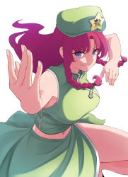 &gt;:) 1girl beret blue_eyes braid breasts chinese_clothes fighting_stance fingernails green_hat green_shirt green_skirt hat highres hong_meiling large_breasts leg_up long_hair looking_at_viewer midriff mob_cap parted_bangs pnoji red_hair shirt simple_background skirt sleeveless smile solo star_(symbol) touhou twin_braids v-shaped_eyebrows