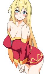  1girl bare_legs bare_shoulders blonde_hair blue_eyes blush_stickers breasts commentary cosplay darkness_(konosuba) dress hair_between_eyes highres kono_subarashii_sekai_ni_shukufuku_wo! large_breasts leaning_forward long_hair long_sleeves looking_at_viewer megumin megumin_(cosplay) noyama_takenoko off-shoulder_dress off_shoulder own_hands_clasped own_hands_together red_dress short_dress simple_background smile solo v_arms very_long_hair white_background 