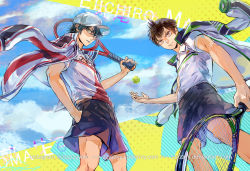  2boys baby_steps ball baseball_cap black_hair brown_eyes brown_hair character_name closed_mouth cloud cloudy_sky collared_shirt commentary cowboy_shot crossover day deviantart_username echizen_ryooma english_commentary from_below green_eyes hair_between_eyes hand_in_pocket hat highres holding holding_racket instagram_username jacket jacket_on_shoulders male_focus maruo_eiichirou multicolored_background multiple_boys parted_lips purple_shorts racket shirt short_sleeves shorts signature sky smile sportswear standing tennis_ball tennis_no_ouji-sama tennis_racket tennis_uniform trait_connection watermark web_address white_headwear white_shirt zzyzzyy 
