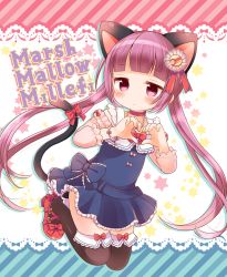 1girl :&lt; animal_ears artist_name bad_id bad_pixiv_id black_thighhighs blue_dress blunt_bangs blush bow bracelet cat_ears cat_tail choker detached_sleeves dress footwear_bow hair_ribbon heart heart_hands jewelry kemonomimi_mode looking_at_viewer mary_janes mashiro_miru necklace over-kneehighs patchouli_knowledge purple_eyes purple_hair red_footwear ribbon shoes solo tail tail_bow tail_ornament thighhighs touhou twintails rating:Sensitive score:4 user:danbooru