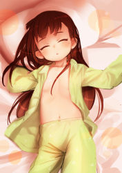  10s 1girl :o anne_(wixoss) arms_up bed_sheet belly brown_hair child closed_eyes collarbone female_focus flat_chest from_above highres long_hair long_sleeves lying mole mole_under_eye navel on_back open_clothes open_pajamas pajamas parted_lips pillow shamonabe sleeping solo stomach wixoss  rating:Questionable score:108 user:danbooru