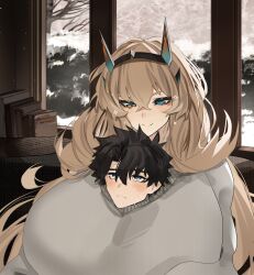  1boy 1girl absurdres barghest_(fate) between_breasts black_hair blonde_hair blush breasts fate/grand_order fate_(series) fujimaru_ritsuka_(male) grey_sweater highres huge_breasts long_hair obazzotto shared_clothes short_hair smile sweater  rating:Sensitive score:29 user:danbooru
