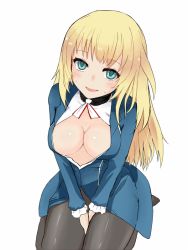  10s 1girl atago_(kancolle) blonde_hair blue_eyes blush breasts cleavage female_focus heart kantai_collection large_breasts long_hair looking_at_viewer looking_up onionring191 open_mouth simple_background sitting smile solo sweat white_background 