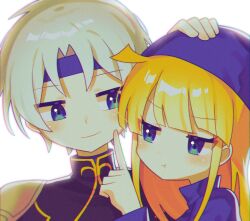  1boy 1girl absurdres blonde_hair blue_eyes blush closed_mouth grey_hair headband highres index_finger_raised long_hair long_sleeves looking_at_another offbeat pout puyopuyo schezo_wegey short_hair smile witch_(puyopuyo) 