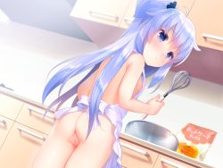  1girl apron ass blush bowl cabinet cleft_of_venus closed_mouth cowboy_shot dutch_angle female_focus flat_chest game_cg harem_twins_lolita holding kitchen loli long_hair looking_back looking_down naked_apron nipples purple_eyes purple_hair pussy shiny_skin smile solo translated uncensored usashiro_mani white_apron  rating:Explicit score:71 user:Domestic_Importer
