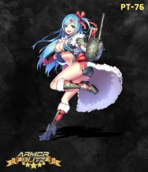 1girl armor_blitz ass blue_hair breasts cleavage full_body green_eyes hair_ribbon highres large_breasts long_hair looking_at_viewer military military_vehicle motor_vehicle open_mouth pt_76 ribbon smile solo standing tagme tank  rating:Sensitive score:4 user:Misc.Research_2