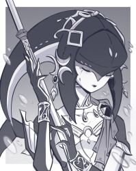  1girl closed_eyes closed_mouth collarbone earrings fish_girl grey_background greyscale hair_ornament hands_up highres holding holding_polearm holding_weapon jewelry long_hair mipha monochrome monster_girl nail_polish nintendo pichichustudio polearm solo tears the_legend_of_zelda the_legend_of_zelda:_breath_of_the_wild weapon zora 