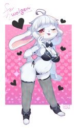  1girl :p ahoge animal_ears black_bow black_bowtie black_panties body_fur borrowed_character bow bowtie dated female_focus fishnets furry furry_female heart heart_background highres leaning_forward midriff navel one_eye_closed original panties pink_background rabbit_ears rabbit_tail red_eyes shimabo side-tie_panties smile solo tail thighhighs tongue tongue_out underwear white_hair 