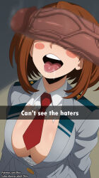  1boy 1girl blush boku_no_hero_academia breasts brown_hair can&#039;t_see_the_haters_(meme) censored clothes covered_eyes dkir english_text erection hetero highres huge_penis interracial large_breasts looking_at_viewer medium_hair mosaic_censoring open_mouth patreon_username penis penis_on_face penis_over_eyes school_uniform subscribestar_username tongue tongue_out torn_clothes uraraka_ochako veins veiny_penis  rating:Explicit score:71 user:xAkira