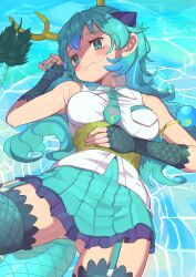  1girl absurdres animal_ears armlet bare_shoulders belt blue_dragon_(kemono_friends) blue_eyes blue_hair blush breast_pocket breasts closed_mouth collared_shirt dragon_ears dragon_girl dragon_horns dragon_tail extra_ears fingerless_gloves fishnet_gloves fishnets from_above gloves gluteal_fold green_belt hair_between_eyes highres horns impossible_clothes japari_symbol jitome kemono_friends kemono_friends_3 large_breasts long_hair looking_at_viewer lying necktie on_back osnmykk pocket shirt skirt sleeveless smile solo tail thigh_gap thighhighs thighs wavy_mouth yellow_horns 