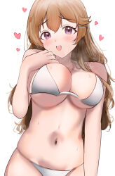  1girl absurdres bikini blush breasts brown_hair commentary_request highres konoe_kanata large_breasts long_hair looking_at_viewer love_live! love_live!_nijigasaki_high_school_idol_club navel open_mouth pink_eyes simple_background solo stomach sunya_(honorin-yuunibo) swimsuit upper_body white_background white_bikini 