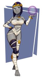 1girl alternate_costume bandages barefoot bob_cut breasts cleavage colored_skin cosplay dc_comics egyptian elbow_gloves full_body gloves grey_skin highres menat menat_(cosplay) orb purple_eyes purple_hair purple_thighhighs raven_(dc) ravenravenraven single_thighhigh solo street_fighter street_fighter_v teen_titans thighhighs tiara rating:Questionable score:126 user:danbooru