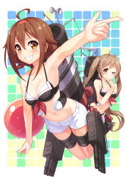  10s 2girls adapted_costume ahoge armpits bikini blush breasts brown_hair commentary_request grin hairband kantai_collection long_hair medium_breasts multiple_girls murasame_(kancolle) navel one_eye_closed open_mouth red_hairband shinonome_haru shiratsuyu_(kancolle) short_hair shorts smile swimsuit twintails white_shorts 