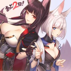  2girls akagi_(azur_lane) akaitera animal_ear_fluff animal_ears azur_lane black_hair blue_eyes blue_skirt blush breasts cleavage collarbone countdown eyeshadow fox_ears fox_tail gloves hair_ornament highres japanese_clothes kaga_(azur_lane) large_breasts long_hair looking_at_viewer makeup mask multiple_girls multiple_tails open_mouth parted_lips partially_fingerless_gloves red_eyes red_skirt rigging second-party_source short_hair sidelocks simple_background skirt smile tail tassel tsurime v w white_hair wide_sleeves 
