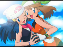  2girls :d ;d bandana beanie blue_eyes blue_hair blush bracelet brown_hair cloud commentary_request creatures_(company) dawn_(pokemon) day eyelashes floating_hair game_freak gloves green_bandana hand_grab hat jewelry may_(pokemon) multiple_girls nintendo official_style one_eye_closed open_mouth pink_scarf pokemon pokemon_(anime) pokemon_dppt_(anime) scarf sky smile white_headwear y@mato  rating:Sensitive score:30 user:danbooru