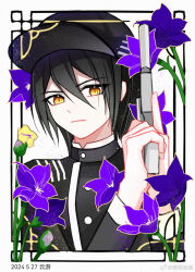  1boy baseball_cap black_hair black_hat black_jacket bud buttons chinese_commentary closed_mouth cocking_gun collared_jacket commentary_request danganronpa_(series) danganronpa_v3:_killing_harmony expressionless flower flower_request gun hair_between_eyes haishi_zhigu handgun hat highres holding holding_gun holding_weapon jacket layered_sleeves light_frown light_particles long_sleeves looking_at_viewer male_focus purple_flower saihara_shuichi short_hair simple_background solo upper_body weapon white_background yellow_eyes 