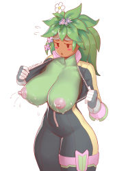  1girl absurdres blaster_master_zero blaster_master_zero_2 blush_stickers bodysuit bouncing_breasts breasts catsuit colored_skin flower flower_on_head full-length_zipper gakeno goggles goggles_on_head green_hair green_skin high_collar highres kanna_(blaster_master_zero) lactation large_breasts monster_girl nipples solo tail thick_thighs thigh_strap thighs third-party_edit unzipped weapon white_background zipper 