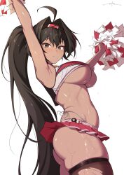  1girl ahoge armpits arms_up ass badge bare_shoulders bay_(nikke) black_hair black_thighhighs blush breasts brown_eyes button_badge cheerleader collar commentary crop_top dark-skinned_female dark_skin english_commentary from_side goddess_of_victory:_nikke hair_between_eyes hair_intakes hairband highleg highleg_panties highres holding holding_pom_poms large_breasts lock long_hair looking_at_viewer mole mole_on_stomach mole_under_eye mole_under_mouth multicolored_hair padlock padlocked_collar panties parted_lips pom_pom_(cheerleading) pom_poms ponytail red_hair side-tie_panties signature skindentation solo spiked_collar spikes star_sticker sticker_on_face streaked_hair sweat thick_thighs thighhighs thighs torn_clothes torn_thighhighs two-tone_skirt two-tone_tank_top underboob underwear unsfrau very_long_hair white_background white_panties 