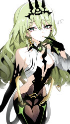  1girl :o absurdres asymmetrical_gloves awe_(adorableduckyy) bare_shoulders black_gloves breasts detached_sleeves elbow_gloves finger_to_mouth gloves green_hair grey_eyes grey_sleeves hair_between_eyes hand_up headpiece highres honkai_(series) honkai_impact_3rd long_hair long_sleeves looking_at_viewer mobius_(honkai_impact) parted_lips simple_background single_detached_sleeve single_elbow_glove small_breasts solo squiggle very_long_hair white_background 
