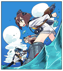  4girls adapted_turret amatsukaze_(kancolle) binoculars black_choker black_pantyhose black_sailor_collar blue_hair blue_sky boots border brown_hair brown_shirt choker clip_studio_paint_(medium) cloud colored_tips day floating_hair foreshortening from_side hat hatsukaze_(kancolle) kantai_collection long_hair long_sleeves looking_ahead mini_hat multicolored_hair multiple_girls neckerchief no_pants open_mouth outdoors pantyhose profile rigging sailor_collar serious shirt short_hair shoulder_strap sidelocks sky speaking_tube_headset standing standing_on_liquid tokitsukaze_(kancolle) tonmoh v-shaped_eyebrows water water_drop white_border white_hair white_sailor_collar white_shirt yellow_eyes yellow_neckerchief yukikaze_(kancolle) 