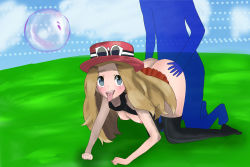 1boy 1girl artist_request black_shirt black_thighhighs breasts breasts_out clothes_lift creatures_(company) doggystyle eyewear_on_headwear game_freak grey_eyes hat hetero highres kuruminty light_brown_hair long_hair medium_breasts nintendo pleated_skirt pokemon pokemon-amie pokemon_xy red_hat red_skirt serena_(pokemon) sex sex_from_behind shirt shirt_lift skirt sleeveless sleeveless_shirt sunglasses tagme thighhighs tongue tongue_out whiteframed_eyewear