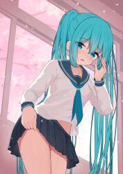  1girl absurdres aqua_eyes aqua_hair black_skirt blue_neckerchief blush breasts cherry_blossoms clothes_lift collarbone commentary day from_below hair_between_eyes hand_up hatsune_miku highres indoors lifted_by_self long_hair long_sleeves looking_at_viewer midriff_peek mikoo_o39 miku_day miniskirt navel neckerchief petals pleated_skirt sailor_collar school_uniform serafuku shirt shy sidelocks skirt skirt_lift solo standing thighs twintails very_long_hair vocaloid white_shirt window 