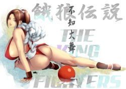  1girl arm_guards arm_support ass bad_id bad_pixiv_id breasts brown_eyes brown_hair character_name copyright_name covered_erect_nipples fatal_fury fingernails from_behind hair_ribbon hand_on_own_knee high_ponytail huge_breasts japanese_clothes kneepits legs leotard lips lipstick long_fingernails long_hair looking_at_viewer looking_back makeup ninja no_bra parted_lips ponytail reclining red_lips ribbon rope sash shiranui_mai sideboob signature snk solo the_king_of_fighters thong thong_leotard wakino_keibun  rating:Explicit score:34 user:jojosstand