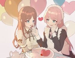  2girls apron balloon bang_dream! bang_dream!_it&#039;s_mygo!!!!! black_dress blue_eyes blush bow bowtie brown_hair cake chihaya_anon chinese_commentary clothing_cutout commentary_request dress fang feeding food half_updo heart heart_balloon highres long_hair long_sleeves maid maid_headdress multiple_girls nagasaki_soyo nameless_ark open_mouth pink_bow pink_bowtie pink_hair shoulder_cutout sidelocks white_apron 