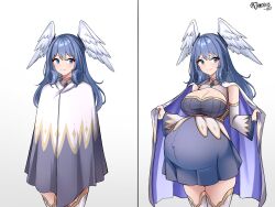  1girl absurdres blue_eyes breasts cleavage cloak closed_mouth covered_navel detached_sleeves dress gradient_background grey_background head_wings highres jarckius large_breasts long_hair melia_antiqua nervous open_cloak open_clothes pregnant short_dress smile taut_clothes white_background wings xenoblade_chronicles_(series) xenoblade_chronicles_3 
