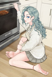  1girl absurdres apron barefoot beifeng_han blue_eyes earrings feet green_hair highres jewelry light_blush long_hair looking_at_viewer open_mouth original soles stove toe_ring toes 