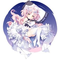  1girl ahoge ark_order bare_shoulders closed_mouth detached_sleeves dot_mouth dress expressionless frilled_dress frilled_pillow frilled_sleeves frills full_body hair_ornament hair_ribbon horns horse_tail jewelry long_hair long_sleeves looking_at_viewer lying no_shoes official_art on_side pillow pink_hair pointy_ears ribbon round_image single_horn solo tail thighhighs transparent_background tsukimi_(xiaohuasan) two_side_up unicorn_(ark_order) unicorn_girl variant_set white_dress white_thighhighs x_hair_ornament yellow_eyes 