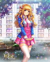  1girl absurdres blonde_hair blush braid breasts building company_name copyright_name cuffs eagle_db handcuffs highres light_smile long_hair looking_at_viewer medium_breasts miniskirt necktie official_art outdoors pink_eyes pink_necktie pink_skirt pleated_skirt police police_uniform policewoman sexy_police side_braid skirt solo sparkle standing text_focus thighhighs tree uniform white_thighhighs zettai_ryouiki 
