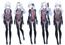 5girls 621_(armored_core_6) absurdres armored_core armored_core_6 blunt_ends blush bodysuit closed_mouth covered_erect_nipples covered_navel double-parted_bangs facial_mark flat_chest full_body gluteal_fold greatwhite1122 hair_between_eyes hair_ornament hairclip highres loli long_hair multiple_girls parted_bangs red_eyes ribs short_hair simple_background skin_tight swept_bangs wavy_hair white_background white_hair 