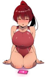  1girl :o absurdres bare_shoulders batta_16-sei blush breasts cellphone competition_swimsuit curvy earrings hair_between_eyes heterochromia highres hololive houshou_marine hypnosis_app jewelry kneeling large_breasts long_hair looking_down one-piece_swimsuit open_mouth phone ponytail red_hair simple_background swimsuit thighs virtual_youtuber white_background  rating:Questionable score:27 user:danbooru