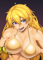  1girl :d absurdres ahoge bikini blonde_hair breast_hold breasts breasts_squeezed_together cleavage collarbone crossed_bangs dyun gold_bikini gradient_background hair_between_eyes highres large_breasts looking_at_viewer open_mouth prosthesis prosthetic_arm purple_eyes rwby smile solo swimsuit upper_body yang_xiao_long  rating:Sensitive score:20 user:danbooru