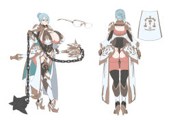  1girl aqua_hair armor armored_boots ass backless_outfit boots breasts chain character_sheet cleavage commentary_request glasses gold_trim gorget greaves hair_bun high_heels highres huge_breasts katisha_(kyonyuu_fantasy_burst) kyonyuu_fantasy kyonyuu_fantasy_burst large_breasts mace nipples partially_visible_vulva pelvic_curtain remu_(kirieroido) shoulder_armor shoulder_blades simple_background solo spiked_mace spikes thighhighs thong v weapon yellow_eyes 