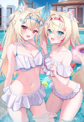  2girls :3 animal_ear_fluff animal_ears bandaid bandaid_hair_ornament bare_shoulders bikini bikini_skirt blonde_hair blue_eyes blue_hair blue_hairband blue_sky breasts building cleavage collarbone commentary_request cowboy_shot crossed_bangs day dog_ears dog_girl dog_tail fake_horns fang fingernails frilled_bikini frills fuwawa_abyssgard hair_between_eyes hair_ornament hairband hairclip halterneck highres hitachi_sou hololive hololive_english horns innertube large_breasts light_blush long_hair looking_at_viewer mococo_abyssgard multicolored_hair multiple_girls nail_polish navel off-shoulder_bikini off_shoulder open_mouth outdoors palms_together pink_eyes pink_hair pink_hairband pink_nails pool short_hair siblings sisters skin_fang sky small_breasts smile standing stomach streaked_hair swim_ring swimsuit tail tail_raised twins two_side_up virtual_youtuber wading water white_bikini x_hair_ornament  rating:Sensitive score:41 user:danbooru