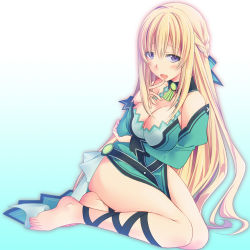  10s 1girl barefoot blonde_hair blue_eyes blush breasts cleavage female_focus finger_to_mouth large_breasts long_hair minagi neptune_(series) open_mouth smile solo vert_(neptunia)  rating:Sensitive score:13 user:danbooru