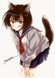  1girl :t animal_ear_fluff animal_ears artist_name blue_sailor_collar blue_skirt blush brown_eyes brown_hair closed_mouth commentary_request grey_sweater leaning_forward long_sleeves miniskirt neckerchief original own_hands_together pleated_skirt red_neckerchief sailor_collar school_uniform serafuku shirt short_hair signature simple_background sketch skirt solo sugano_manami sweater tail v_arms white_background white_shirt wolf_ears 