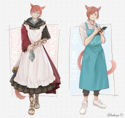  1boy alternate_costume animal_ears apron archon_mark babape black_pants black_robe blue_apron brown_footwear cat_boy cat_ears cat_tail clipboard collared_shirt crystal crystal_exarch crystallization facial_mark final_fantasy final_fantasy_xiv frilled_apron frills full_body g&#039;raha_tia g'raha_tia gladiator_sandals hair_ornament highres holding holding_clipboard holding_pen hood hood_down hooded_robe jewelry looking_at_viewer male_focus material_growth miqo&#039;te multiple_views neck_tattoo necklace pants pants_rolled_up pen red_eyes red_hair robe sandals shirt shoes short_hair signature simple_background smile sneakers standing swept_bangs tail tattoo toeless_footwear twitter_username uniform white_apron white_background white_footwear white_shirt x_hair_ornament 