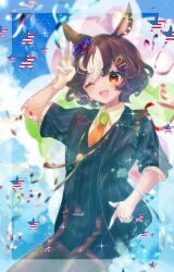  1girl american_flag american_flag_print animal_ears black_jacket black_suit bow brown_eyes brown_hair carrot_hair_ornament collared_shirt earrings flag_print food-themed_hair_ornament formal gloves green_necktie hair_bow hair_ornament hairclip highres horse_ears horse_girl indie_virtual_youtuber jacket jewelry mr_ayarabbit multicolored_hair necktie one_eye_closed open_mouth orange_necktie pinstripe_pattern pinstripe_suit second-party_source shirt short_hair solo sparkle star_(symbol) star_earrings streamers suit tomoe_umari two-tone_hair two-tone_necktie v virtual_youtuber waistcoat white_gloves white_hair white_shirt 