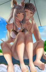  1boy 1girl absurdres adapted_costume bare_legs barefoot beach_umbrella bikini brown_hair chest_jewel couple grey_hair highres looking_at_another nail_polish nia_(blade)_(xenoblade) nia_(xenoblade) aged_up rex_(xenoblade) sitting sitting_on_lap sitting_on_person smile spoilers swimsuit toenail_polish toenails toes umbrella white-paka xenoblade_chronicles_(series) xenoblade_chronicles_2  rating:Sensitive score:52 user:danbooru