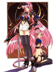 1990s_(style) 2girls armlet armor armored_boots bikini_armor black_thighhighs blue_eyes boots bracelet earrings elbow_gloves fantasy fingerless_gloves gloves hand_on_own_hip high_heels high_ponytail highres holding holding_sword holding_weapon jewelry light_smile long_hair mahjong_gensoukyoku_iii multiple_girls navel non-web_source official_art panties pauldrons pencil_skirt pink_hair planted planted_sword planted_weapon retro_artstyle sei_shoujo sheath shoulder_armor sitting skirt standing sword thighhighs underwear very_long_hair wariza weapon white_panties white_skirt 